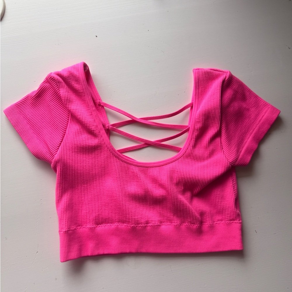 Aerie Pink Strappy Back Crop Workout Top